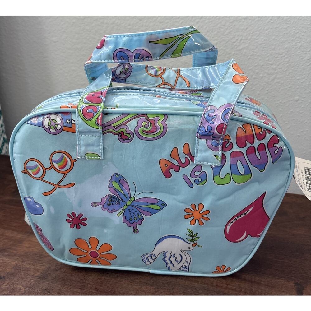 NICK & NORA Lunch Bag Cooler Bag Travel Make Up Peace Love Happiness Retro Blue - Picture 5 of 6